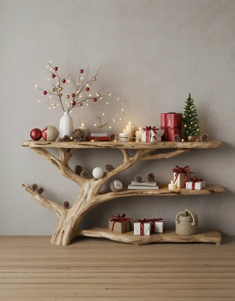 Console Narrow Table with Tree Branch Bookshelf – Rustic Live Edge Wood