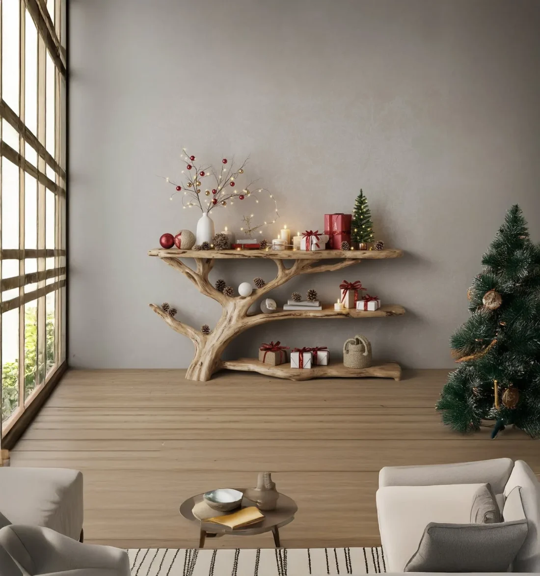 Console Narrow Table with Tree Branch Bookshelf – Rustic Live Edge Wood - Image 3