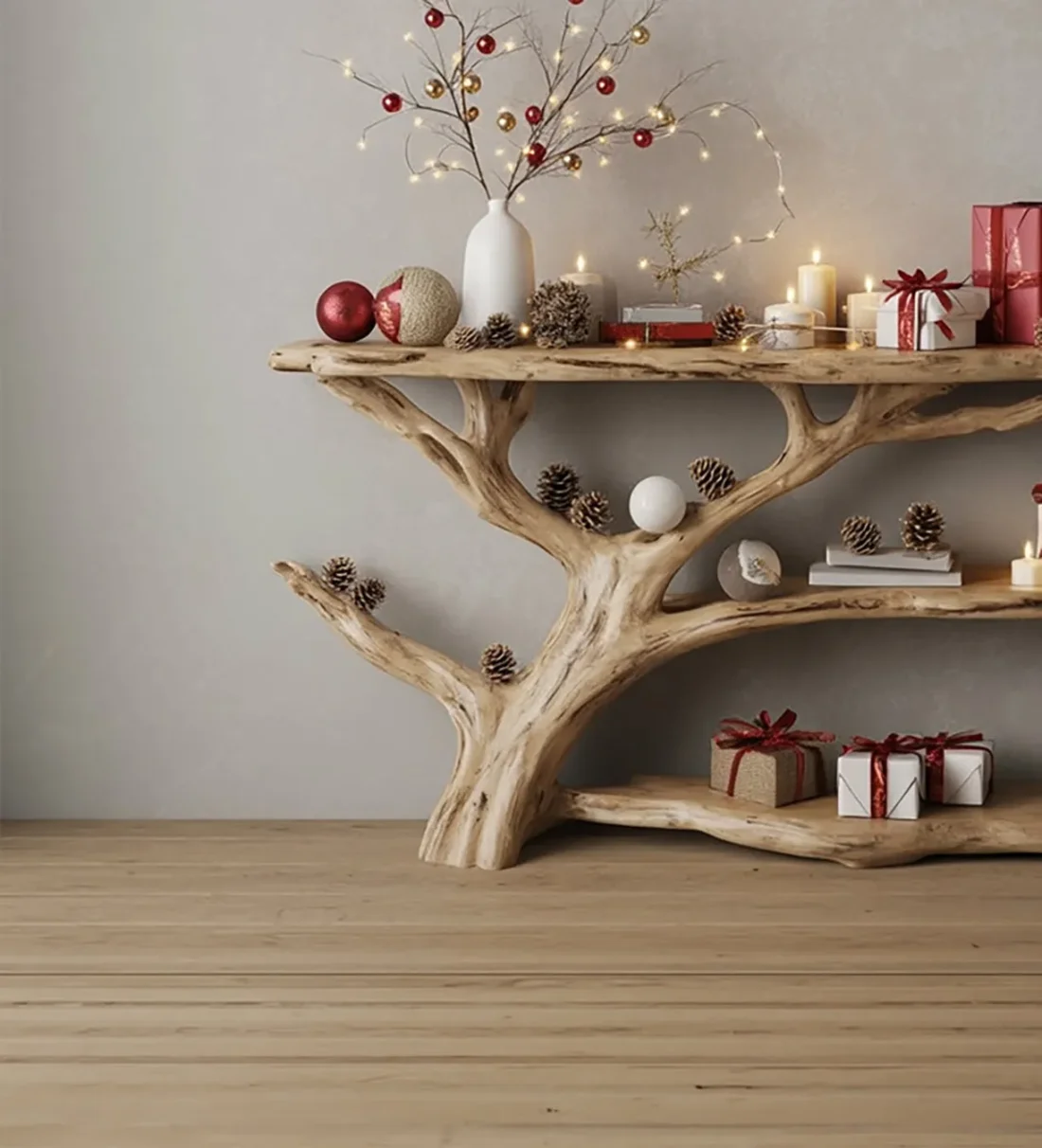 Console Narrow Table with Tree Branch Bookshelf – Rustic Live Edge Wood - Image 4